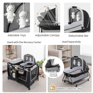 Складане дитяче ліжечко LIFEZEAL з тримачем для підгузків та сумкою для перенесення, знімне дорожнє ліжечко 4 в 1 з матрацом та пеленальний килимок, дитяче дорожнє ліжечко з музичним мобілем та лялькою, дитяча колиска для дітей від 0 до 36 місяців (сірий)
