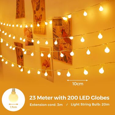 Світлодіодні казкові вогні, що живляться від електрики, 23M казкові вогні куля теплий білий з вилкою для зовнішнього і внутрішньог