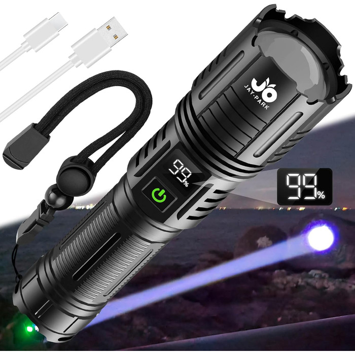 Акумуляторний світлодіодний ліхтарик JAY-PARK, 500 000 люмен, надзвичайно яскравий тактичний ліхтарик з акумулятором 5000 мАг, 5 режимів, водонепроникність IP67, швидка зарядка та зум USB-C, дальність 1600 м, для активного відпочинку на природі, полювання
