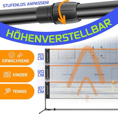 Сітка для бадмінтону KESSER, сітка для тенісу Сітка для волана з регулюванням висоти у 3 напрямках 107/120/155 см, комплект включає сітку, 3 волани та 3 тенісні м&39ячі, сумку для перенесення, міцну залізну раму, для використання в приміщенні та на вулиці