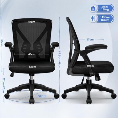 Офісне крісло Hinonde, письмове крісло з відкидними підлокітниками та функцією гойдання, поворотне крісло на 360, ергономічне крісло для домашнього офісу з регульованою висотою та дихаючою сіткою, до 150 кг, чорний стиль 1