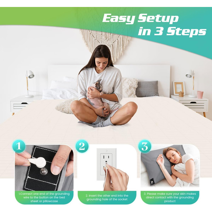 Простирадло на резинці із заземленням, простирадло із заземленням із кабелем заземлення ЄС, килимок для заземлення, простирадло із заземленням для кращого сну (сіре, 200x200 см) 200 x 200 см сірого кольору