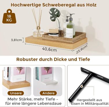 Дерев&39яна настінна полиця, надзвичайно широка 23,5 см, настінна дошка 40 см, дубова полиця, комплект з 2 шт., плаваюча полиця, полиця для кухні, кабінету, ванної кімнати, спальні та вітальні, дуб 40x23,5x3,8 см - комплект з 2 шт.