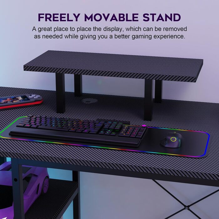 Ігровий стіл 210 x 50 см з розеткою та USB-портом, 3 варіанти встановлення, L-подібний ігровий стіл з полицею для монітора, ігровий стіл для ПК з карбоновою поверхнею