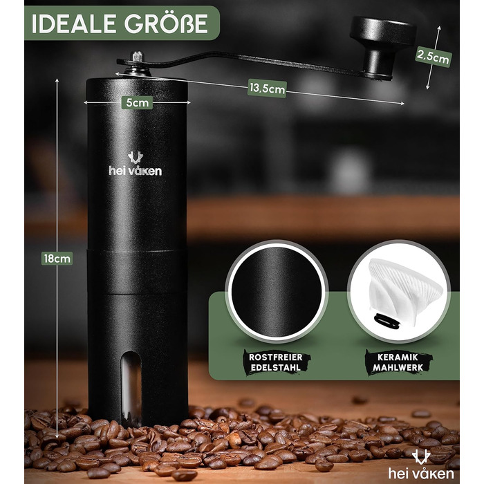 Ручна кавомолка HEI Vken з конічною кавомолкою - Регульований помел - Ручна кавомолка з нержавіючої сталі для дому та в дорозі