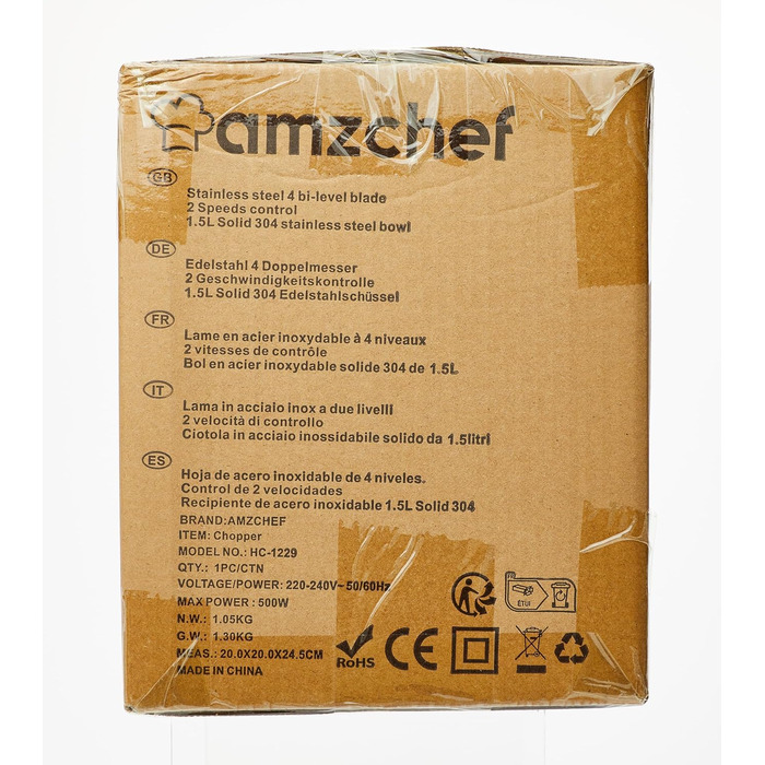 Електричний кухонний подрібнювач AMZCHEF, мультиподрібнювач 500 Вт з чашею з нержавіючої сталі 1,5 л, 2 режими швидкості, 4 леза для м'яса, овочів, цибулі, фруктів, функція безпеки