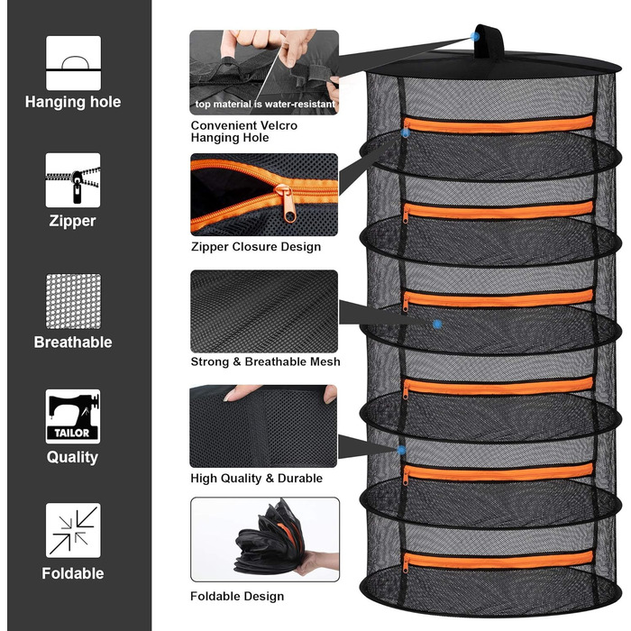 Шарова сітчаста сушарка для підвішування трав, сітка для сушіння з помаранчевими блискавками 6-шарова-60x120см помаранчева, 6-