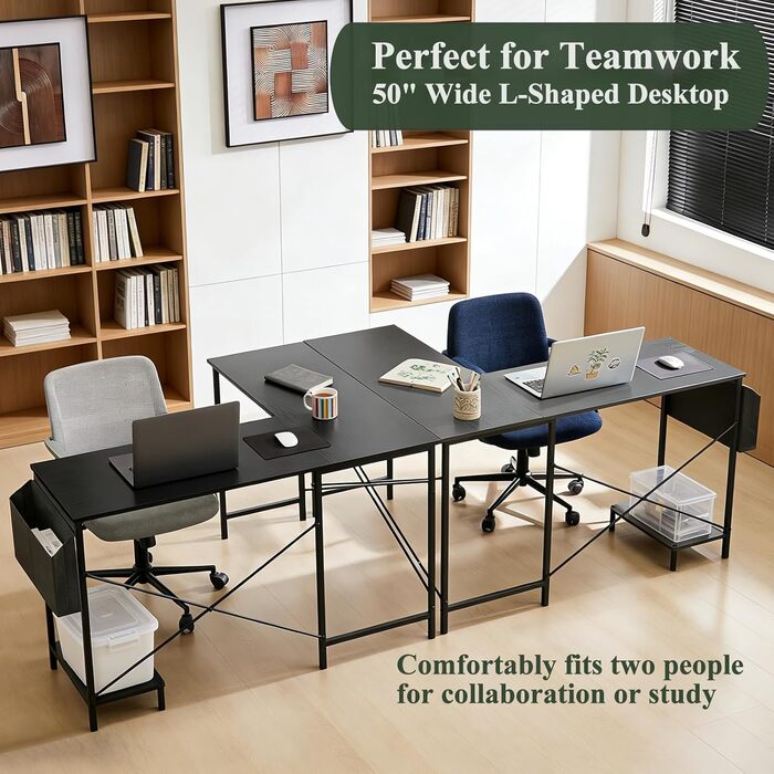 Подібний стіл, 127,7 см, двосторонній комп&39ютерний стіл, кутовий ігровий стіл з підставкою для процесора та сумкою для зберігання, міцний металевий каркас, робоча станція для ПК для домашнього офісу, чорний