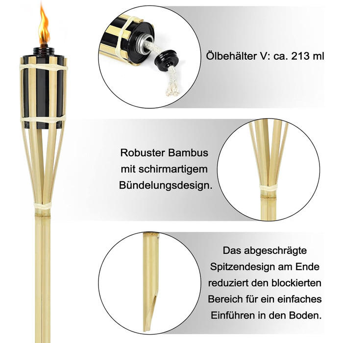 Бамбукові садові пальники Froadp з наповненим маслом металевим резервуаром для відкритого бамбукового пальника Масляні пальники з гнотовими пальниками Масляна лампа Доріжка для багать на відкритому повітрі Освітлення доріжки для вечірки в саду (24 шт. и,