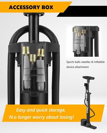 Велосипедний насос VOGORA, підлоговий, 16.5 дюймів (~42 см), 11 бар / 160 PSI, інтегрований циліндр (сталь), чорний