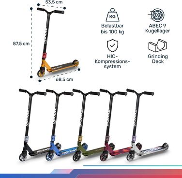 Трюковий самокат Insane2, трюковий самокат з підшипниками ABEC 9, самокат зі стрічкою, колеса 110 мм з алюмінієвими ободами, самок
