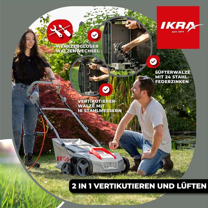 Аератор газону IKRA Elektro IEVL 1838, мішок для збору трави 40л, ширина захвату 38см, регульована глибина обробки, потужність 1800 Вт