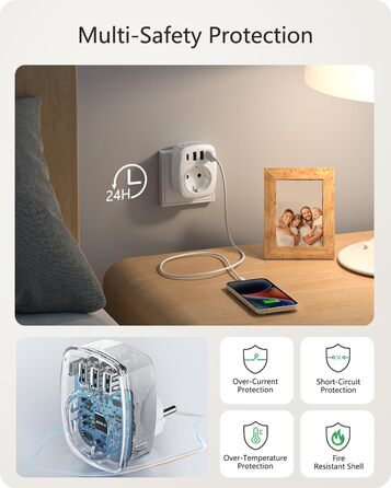 Розетка з декількома вилками EU адаптер 5-в-1 розетка розетка адаптер з 3 портами USB зарядного пристрою 2.4А, 1 портом Type-C 3А,