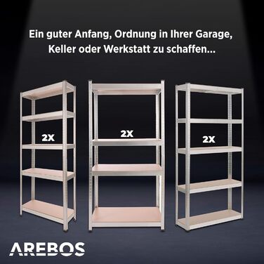 Надміцний стелаж Arebos, комплект з 2 шт. 160x80x40 см Вантажопідйомність 320 кг 4 полиці з МДФ Легке складання за допомогою вставної системи Стелаж, стелаж для зберігання, стелаж для підвалу, вставний стелаж, стелаж для майстерні, оцинкований