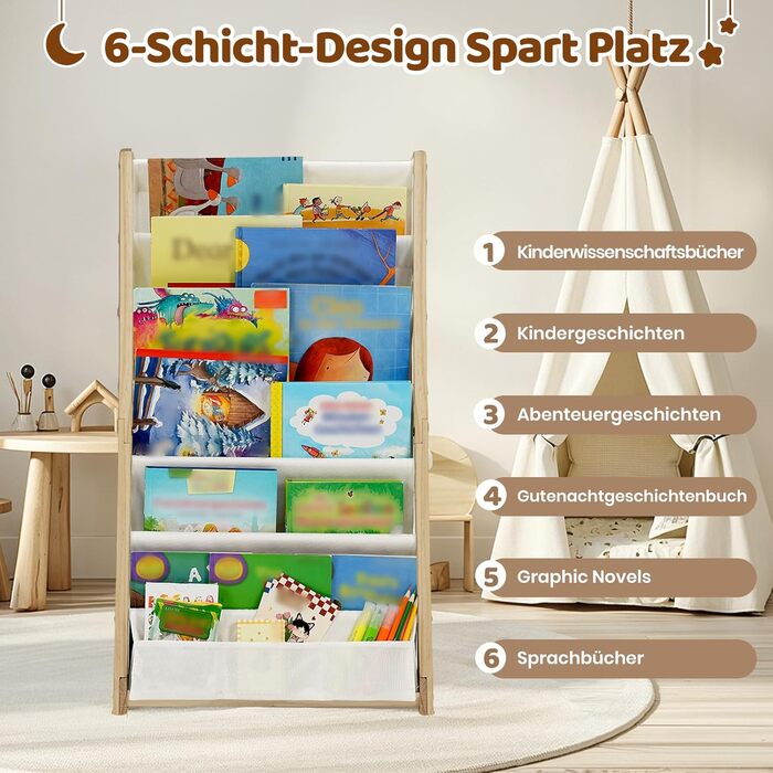 Дитяча книжкова полиця COSYLAND з 6 полицями з тканини Оксфорд - Дитяча книжкова полиця з натурального дерева - Дитяча книжкова полиця з закругленими кутами та компактна, 42Д x 30Ш x 76В см (колір натурального дерева, середній)