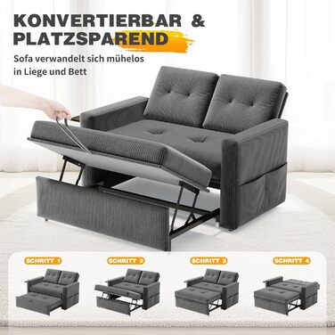 Диван YOUDENOVA з функцією сну, Розкладний диван з 5-позиційною регульованою спинкою, Диван-ліжко зі столиком та бічною кишенею, 2-місний диван-ліжко 177x135 см, Вельветово-сірий
