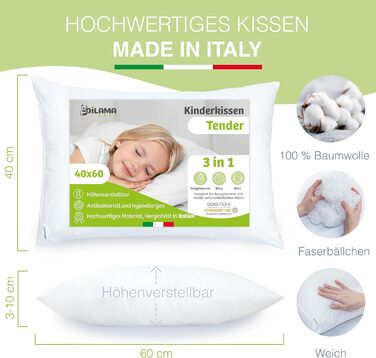 Дитяча подушка 40x60 см - Ергономічна дитяча подушка з регульованою висотою та волокнистими кульками - Бавовна перкаль преміум-кла