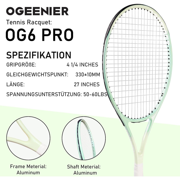 Тенісна ракетка OGEENIER 27" для дорослих – легка, зелена, для початківців та аматорів