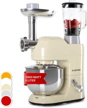 Кухонний комбайн Klarstein з м'ясорубкою, тістомісильна машина потужністю 1800 Вт маленька, 6 рівнів, вінчик для перемішування та гачок для тіста, планетарна мішалка, змішувальна машина з міксером Classic Cream