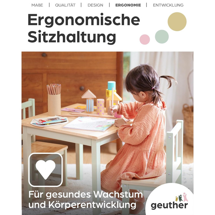 Дитячий комплект сидіння Geuther ACTIVITY Дитячий стіл з 2 стільцями, дерев&39яний Ігровий стіл для дітей віком від 1 року Комплект дитячого столу та стільців для дитячих кімнат Стіл для рукоділля та малювання для дітей Міцні меблі для дитячої кімнати, зе
