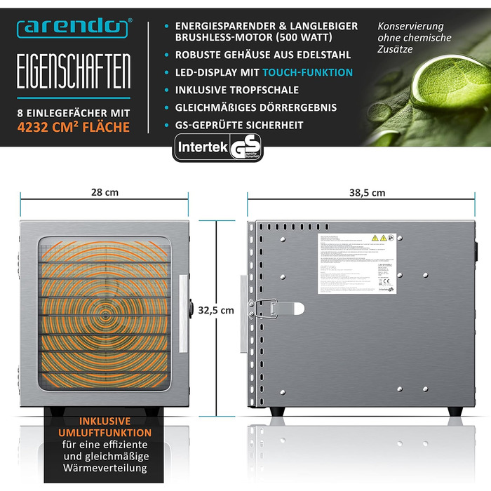 Дегідратор з нержавіючої сталі 8 разів - 500 Вт з регулятором температури - Дегідратор їжі М'ясо, фрукти, овочі - Таймер до 24 годин - 8 вставок - GS - Дегідратор - Без бісфенолу А Одинарний