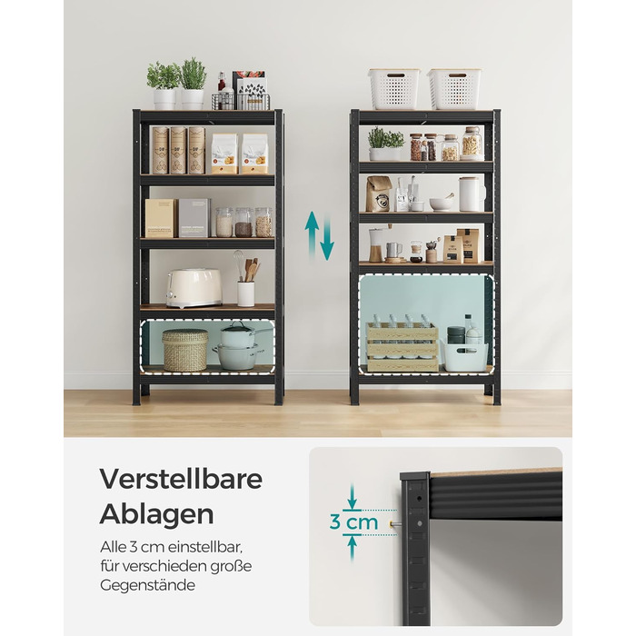 Окремостояча полиця, книжкова шафа, полиця для зберігання, 5 полиць, кухонна полиця, полиця, 30 x 75 x 150 см, вантажопідйомність до 650 кг, регульовані полиці, промисловий дизайн, вінтажний коричнево-чорний GLR030B01 30 x 75 x 150 см Вінтажний коричневий