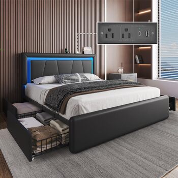 М&39яке ліжко 140 x 200 см з 4 шухлядами, світлодіодне освітлення, каркас ліжка 140 x 200 з регульованим узголів&39ям, зарядна станція, металева рейкова основа, легке складання, чорний колір 140 x 200 см