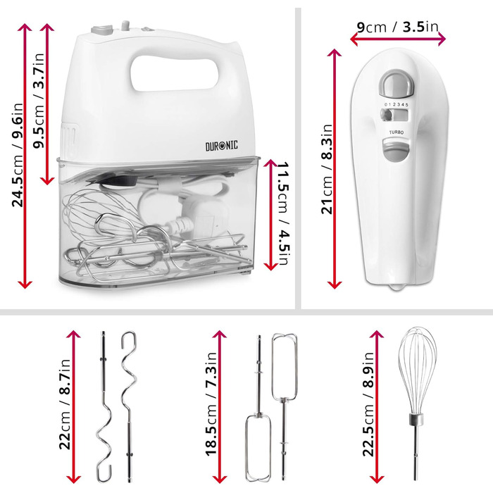 Електричний ручний міксер Duronic HM4 WE 400 Вт, ручний міксер з коробкою для зберігання, міксер для віночка Гачок для зберігання тіста, міксер, кухонний міксер, ручний стімер, міксер для випічки, тісто, біле