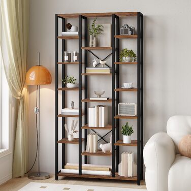 Книжкова полиця Hzuaneri, стояча полиця з 7 рівнями та 18 полицями, регульовані відкриті полиці, для вітальні, офісу, спальні, 30 x 100 x 202 см, вінтажний коричнево-чорний, BC15601B 30 x 100 x 202 см вінтажний коричнево-чорний