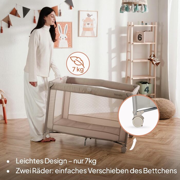 Дитяче ліжечко Lionelo Amelie, від народження до 15 кг, маленьке, складне, м&39який розкладний матрац, 100,5 x 70,5 см, 2 колеса, бічний вхід, дорожня сумка бежевого кольору