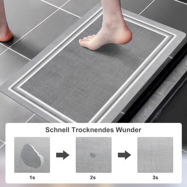 Нековзний килимок для ванної, швидковисихаючий килимок для ванної тонкий, абсорбуючий, нековзний, миючий килимок для ванної кімнати, для підлоги у ванній кімнаті, ванн та душових кабін на відкритому повітрі, світло-сірий, 60 x 40 см (прямокутний)
