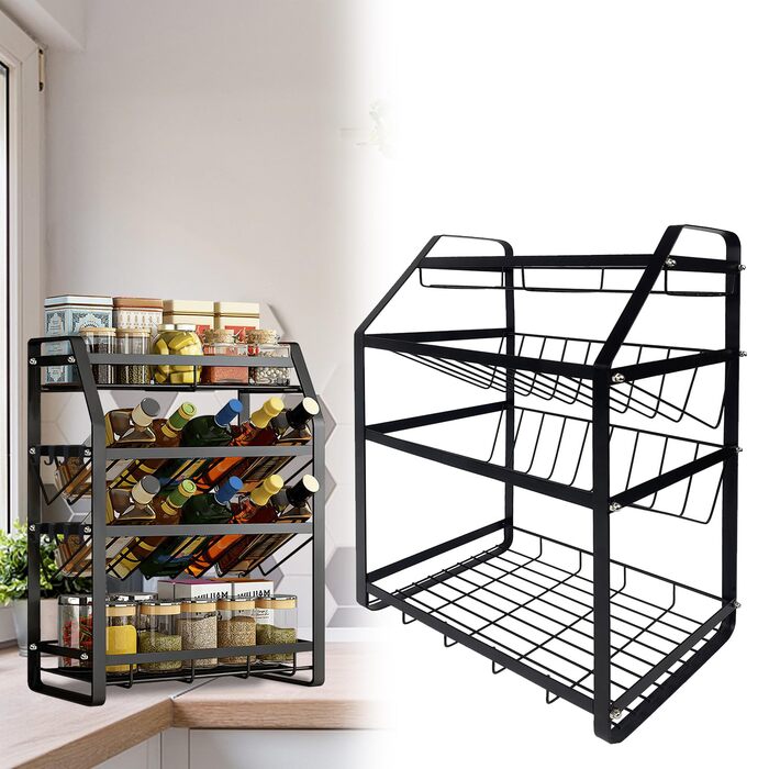 Постійна полиця для спецій, 4 яруси, металева полиця для спецій, не потребує свердління, підставка для спецій, тримач для спецій, органайзер для банок для спецій з 8 гачками, кухонна полиця для зберігання спецій - тип A