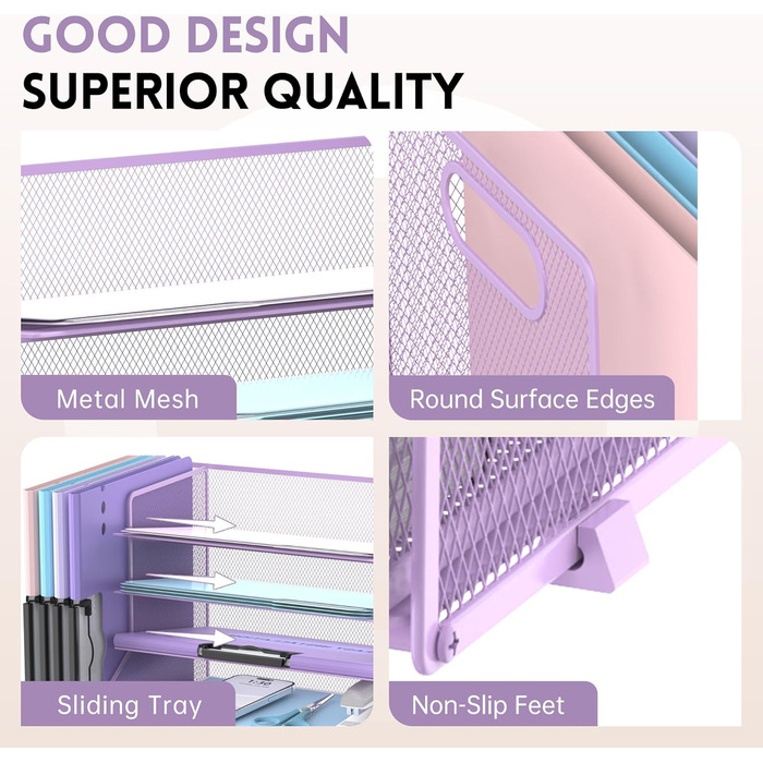 Настільний органайзер SUPEASY з тримачами для файлів, 5-ярусний сітчастий органайзер для лотків для листів з тримачем для ручок та шухлядою, настільний органайзер та місце для зберігання з 3 похилими сортувальниками файлів, фіолетовий