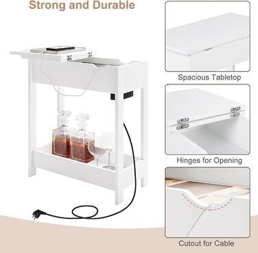 Приставний столик EUGAD, тумбочка з розеткою, столик для дивана, журнальний столик, маленький столик, консольний столик, розкладна стільниця, 3 полиці, для вітальні, спальні, кухні, білий, 0001CHJ