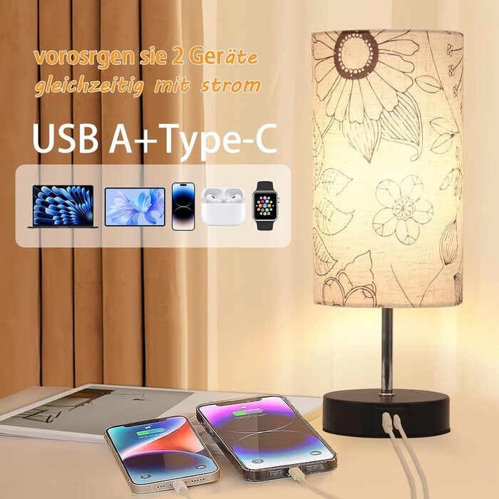 Приліжкові лампи ALANTOP Touch Dimmable, з портами USB AType-C, лляний абажур, включає лампочку, приліжковий світильник з 5-футовим кабелем Вилка для спальні Вітальня Льон-1