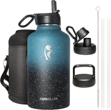 Пляшка для води 1,8 л, ізольована соломою та 3 кришками, охолоджуюча пляшка, півлітра, глечик для води, галактика, велика, металев
