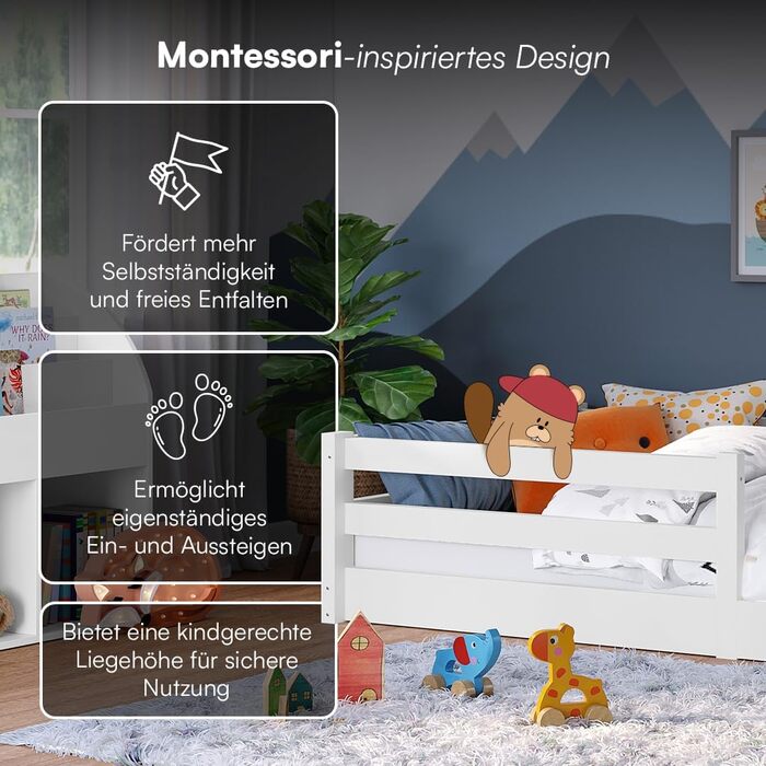 Ліжко Bellabino Iskri на підлозі 90x200 см Дитяче ліжко Монтессорі із захистом від падіння та рейковою основою Дерев&39яне ліжко для хлопчиків та дівчаток з масиву сосни білого кольору Ліжко для малюків білого кольору 90x200 см без матраца