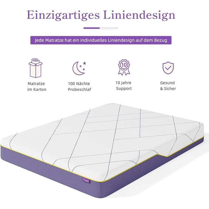 Матрац Vesgantti 90x200 см Матрац з холодної піни H3, висота 18 см, сертифікований Oeko-Tex, середньої жорсткості, згортається в рулон, знімний тканинний чохол, що прається, із застібкою-блискавкою, лавандово-фіолетовий, рівень жорсткості 3, висота 18 см,