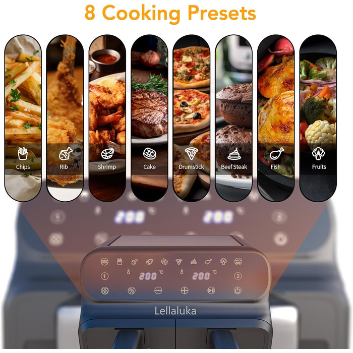 Двокамерна фритюрниця Lellaluka, фритюрниця, 2-камерна фритюрниця 8 л, яка може готувати одночасно з видимим вікном, сенсорним екраном і функцією зневоднення