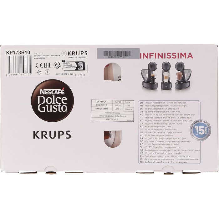 Кавова капсульна машина Krups KP173B Nescaf Dolce Gusto InfinissimaГарячі та холодні напоїТиск насоса 15 барРучне дозування водиРезервуар для води 1,2 лАвтоматичне вимкнення1500 Вт 30,5x18x40 см, космічний сірий космічний сингл