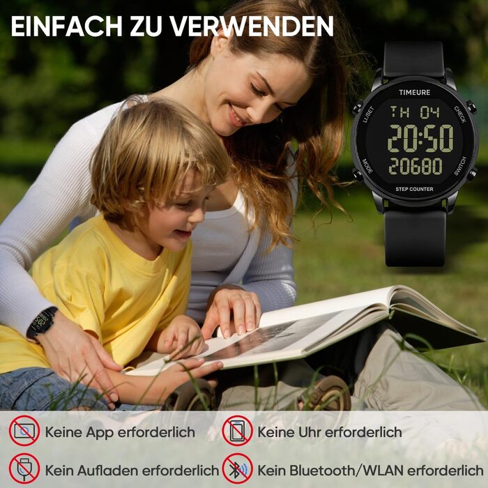 Жіночий крокомір, крокомір для ходьби, не потрібен додаток/телефон, водонепроникний фітнес-трекер калорій, відстеження відстані, будильник, великий цифровий дисплей, годинник, TU-2509 повністю чорний