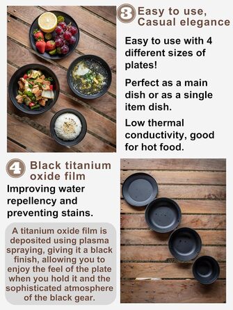 Набір посуду для кемпінгу CAMPINGMOON, нержавіюча сталь, тарілки, миски, штабельовані, посуд для активного відпочинку, сумка з тканини, для кемпінгу, піших прогулянок, пікніків (4 предмети, чорний колір з титановим покриттям)