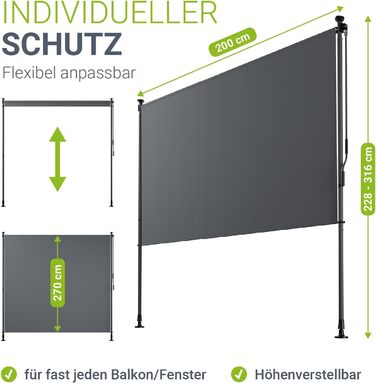 Вертикальний тент Juskys Barbados 200x310 см - Всепогодний ширма для балкону - Розсувний бічний тент без свердління для саду та балкону - Сірий 200 x 310 см