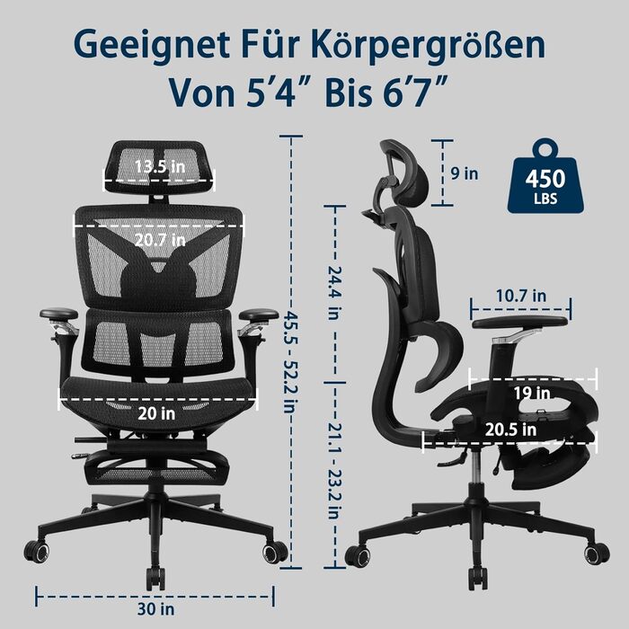 Ергономічне офісне крісло для високих і важких людей з підставкою для ніг, регульованими підлокітниками 5D, поперековою опорою, сітчастою спинкою, регульованою глибиною сидіння, обертове ігрове крісло, чорний колір S3 Elite Pro