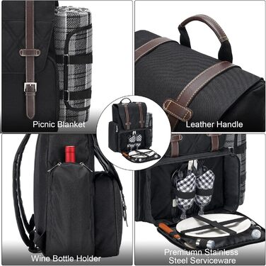 Рюкзак для пікніка на 4 особи з великою ізольованою сумкою-холодильником, набором кошика для пікніка з сумкою для вина, водонепроникною ковдрою для пікніка та набором столових приборів. Ідеально підходить для пляжу, вечірок, весільний подарунок для пар. 4