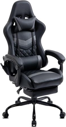 Ігрове крісло Delman, гоночне крісло, офісне крісло, комп&39ютерне крісло, масажна функція з 6 точками вібрації, крісло керівника зі штучної шкіри, ергономічна підставка для ніг 12-0037 (сірий колір)