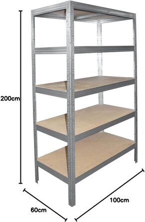 Професійний надміцний стелаж, оцинкований/металевий стелаж з 5 полицями, вантажопідйомність 200 кг кожна/металевий стелаж для підвалу, гаражний стелаж, стелаж для майстерні або стелаж для зберігання/навісний стелаж, металевий, В 200см / Ш 100см / Г 60см, 