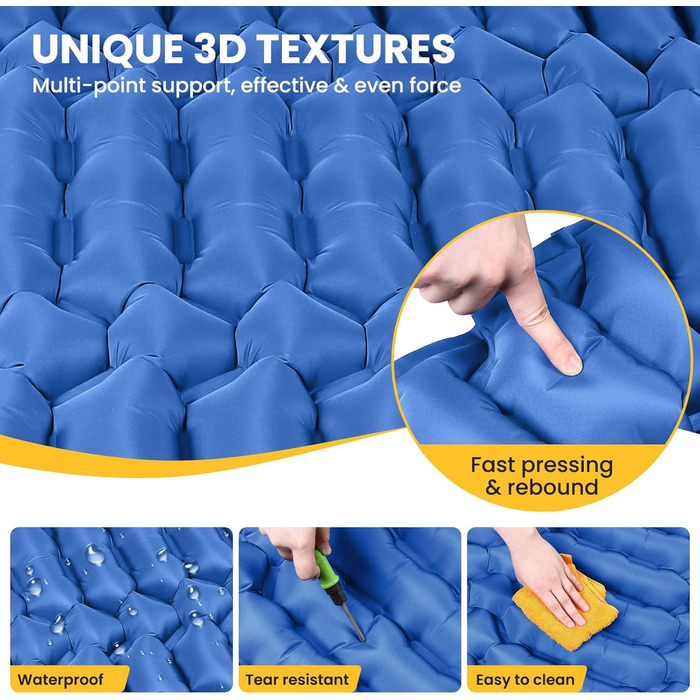 Килимок для сну для кемпінгу, надлегкий надувний кемпінговий матрац з ножним насосом та подушкою, складний водонепроникний надувний матрац, килимок для сну з антиріпстопним покриттям для походів, пляжний, для використання на свіжому повітрі, темно-синій