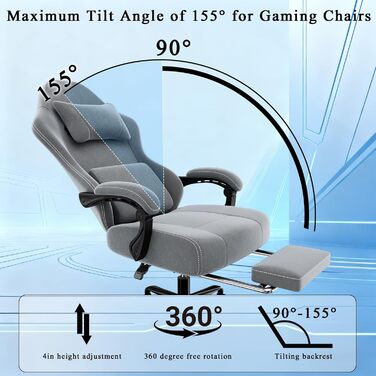 Ергономічне ігрове крісло з пружинним каркасом кишенькового типу та підставкою для ніг, ігрове крісло з регульованою поперековою опорою, дихаюче комп&39ютерне крісло до 150 кг, ігрове крісло з подушкою для шиї (світло-сіре)