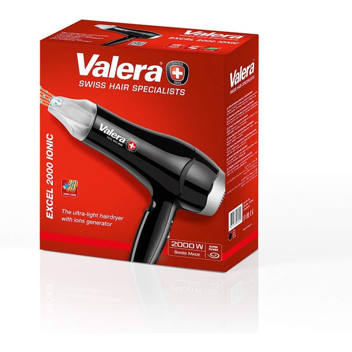 Фен для волосся Valera Excel 2000 Ionic, ультралегкий іонізуючий фен, 6 рівнів температури та потоку повітря, знімний фільтр, 2000 Вт, чорний